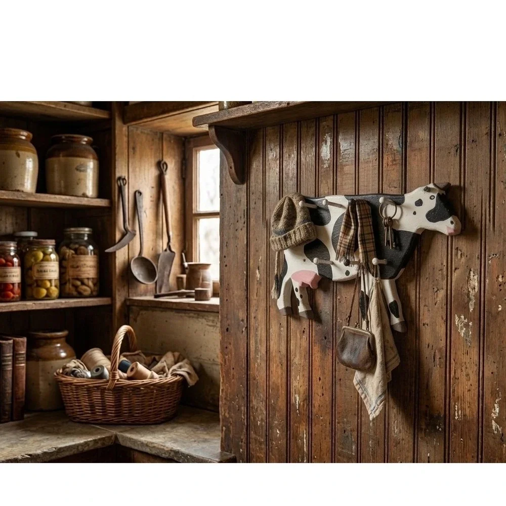 Things in Wood Dale Seiders Cow Wall Rack 8 Peg Hand Painted Farmhouse Folk Art